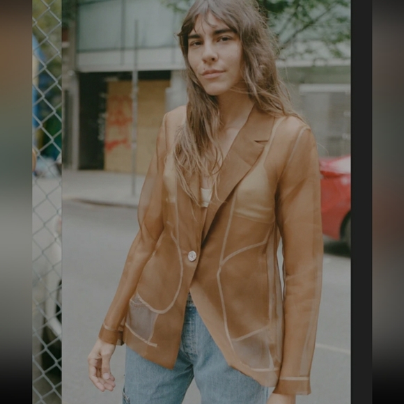 New 0 XS Maryam Nassir Zadeh MNZ Sheer Mesh Blazer Jacket Brown Silk Organza US - Picture 2 of 6